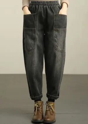 Black Elastic Waist Denim Harem Pants Fall