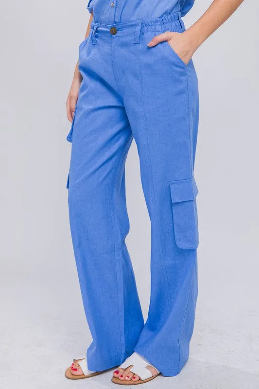 Blue Linen Parachute Pants With Side Pockets