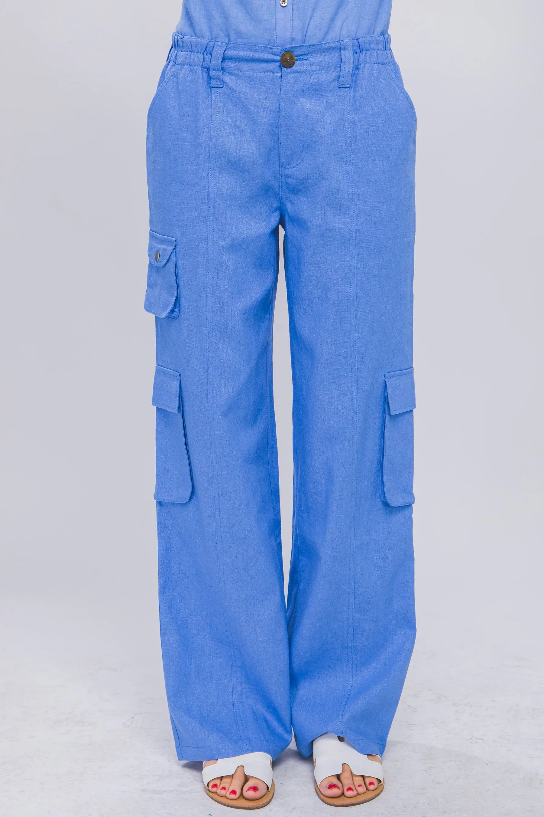 Blue Linen Parachute Pants With Side Pockets