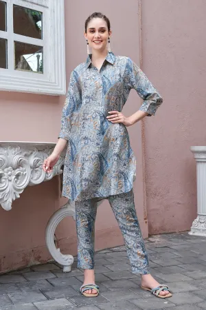 Blue Paisley Printed Spanish Linen Co-Ord Set