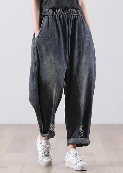 Bohemian Denim Blue Elastic Waist Pockets Cotton Harem Pants Fall