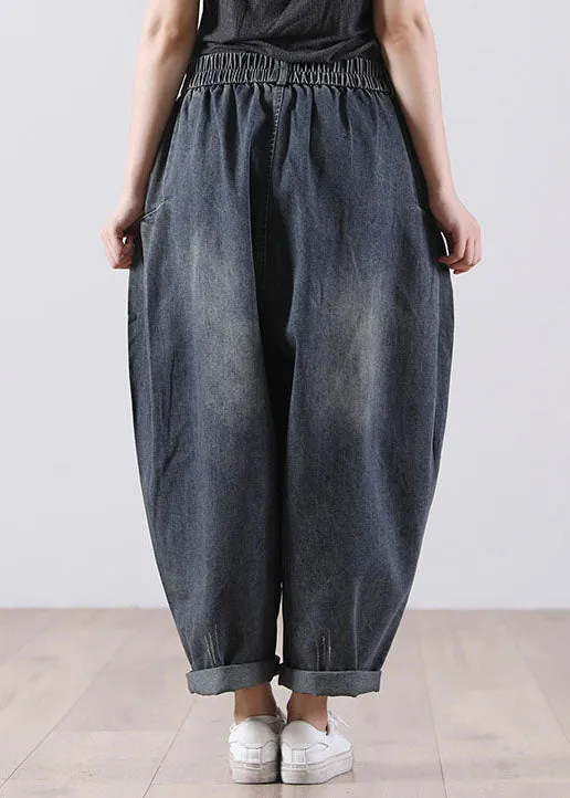 Bohemian Denim Blue Elastic Waist Pockets Cotton Harem Pants Fall