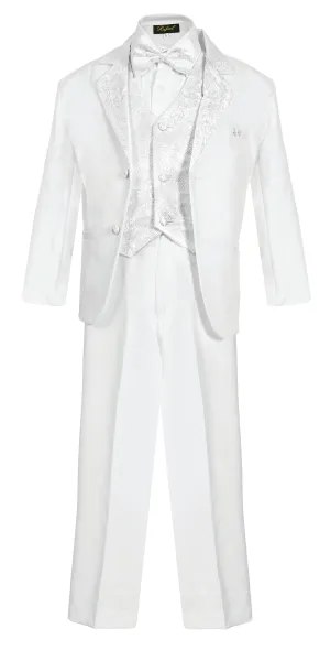 Boys Tuxedo Jacquard Shawl Lapel 5- Piece Set With Shirt And Bow Tie -White