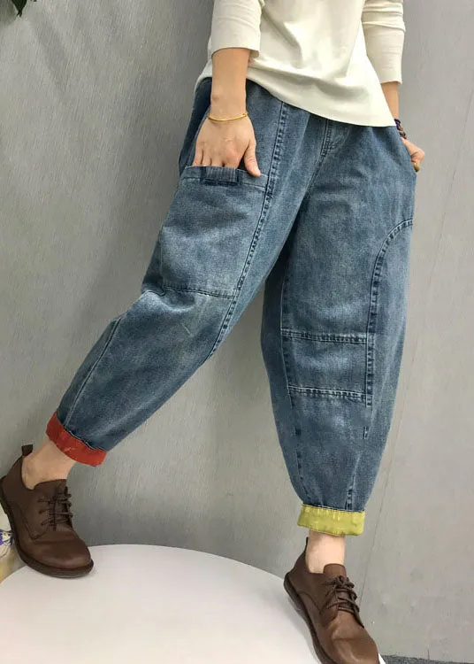 Casual Blue elastic waist Pockets denim Pants Spring