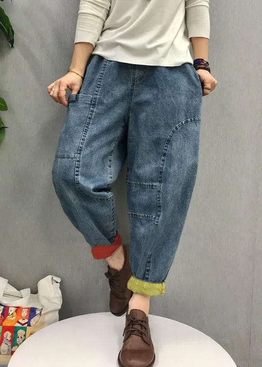 Casual Blue elastic waist Pockets denim Pants Spring