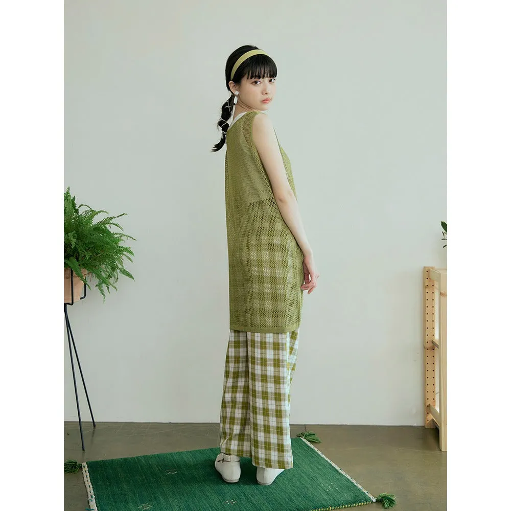 Casual Long Plaid Elastic Waist Straight Pants Trousers