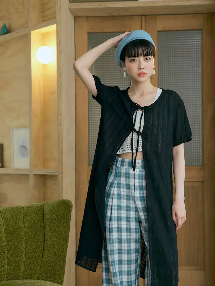 Casual Long Plaid Elastic Waist Straight Pants Trousers