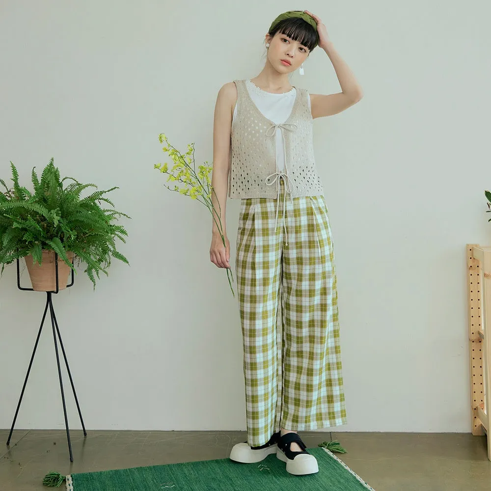 Casual Long Plaid Elastic Waist Straight Pants Trousers