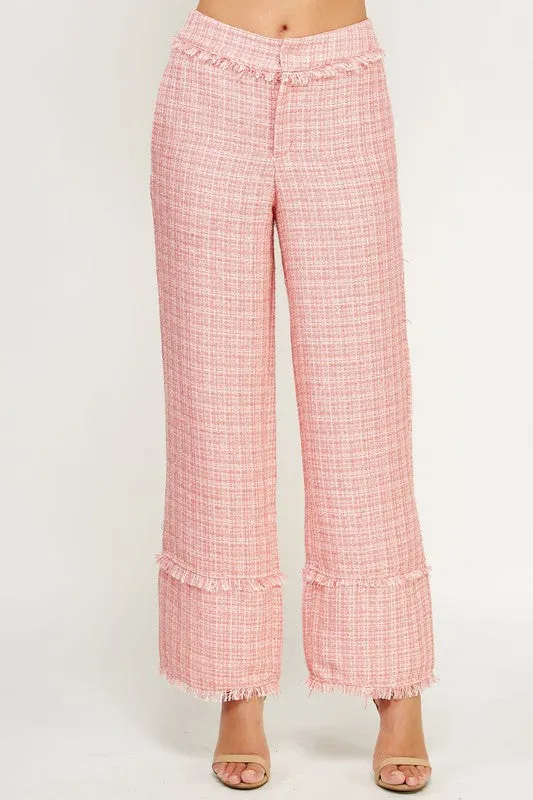 Coral Frayed Detail Tweed Pants