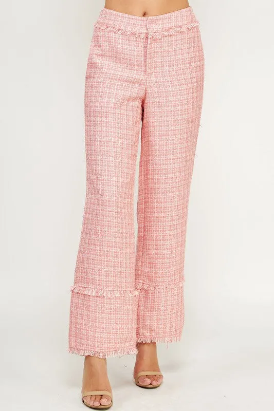 Coral Frayed Detail Tweed Pants