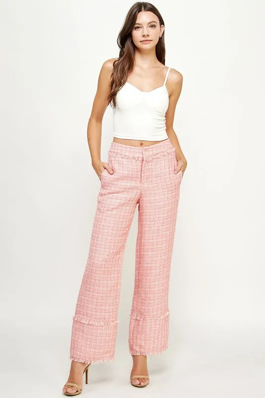 Coral Frayed Detail Tweed Pants