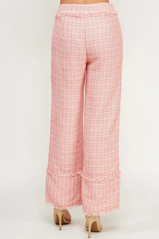 Coral Frayed Detail Tweed Pants