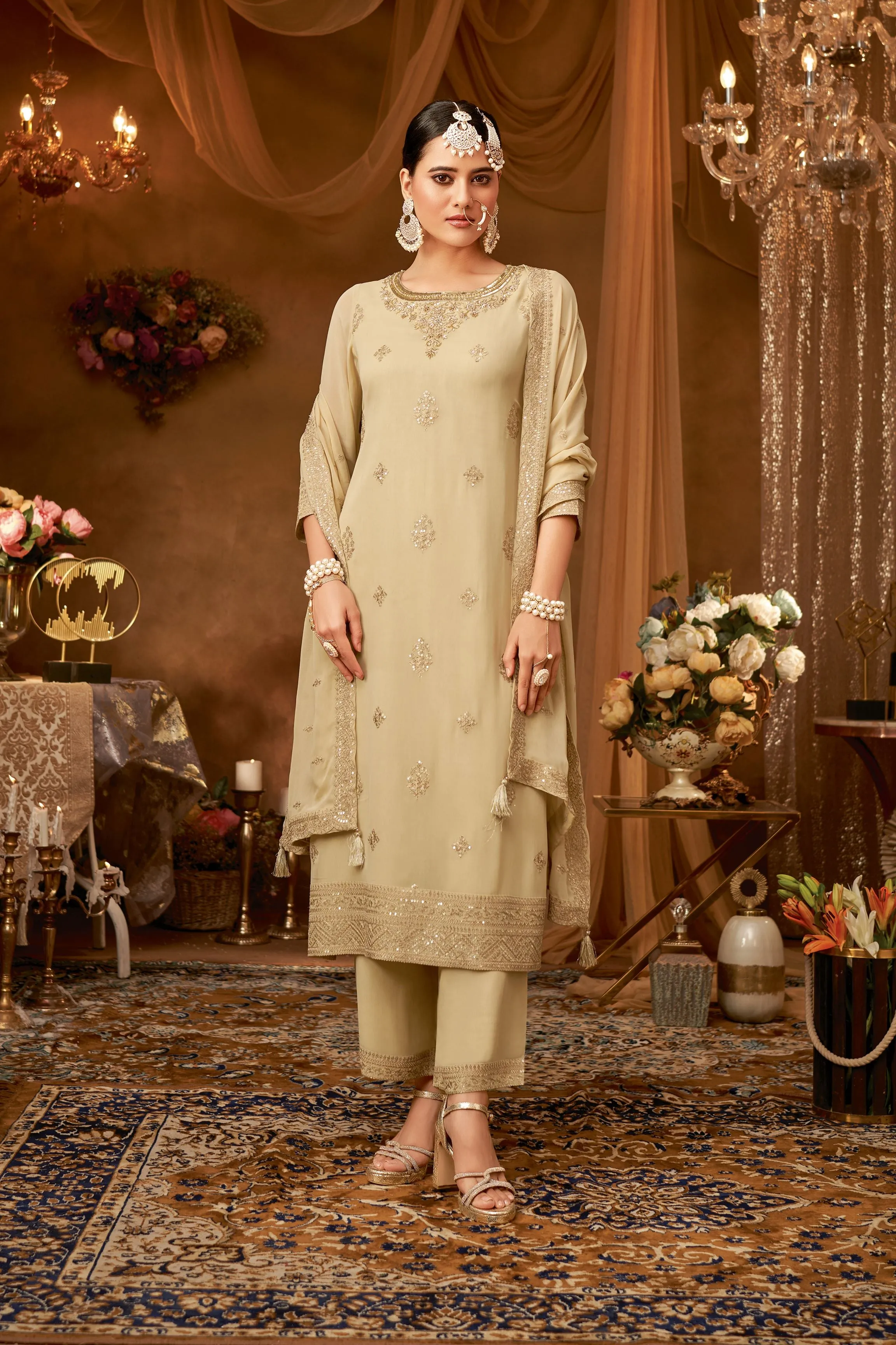 Cream Embellished Georgette Silk Kurta Pants Set