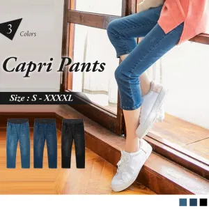 ELASTIC HIGH WAIST DENIM CAPRI PANTS