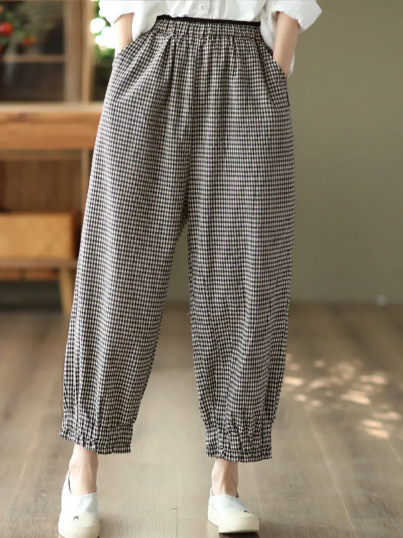 Elastic Waist Plaid Casual Harem Trousers Bottom Pants