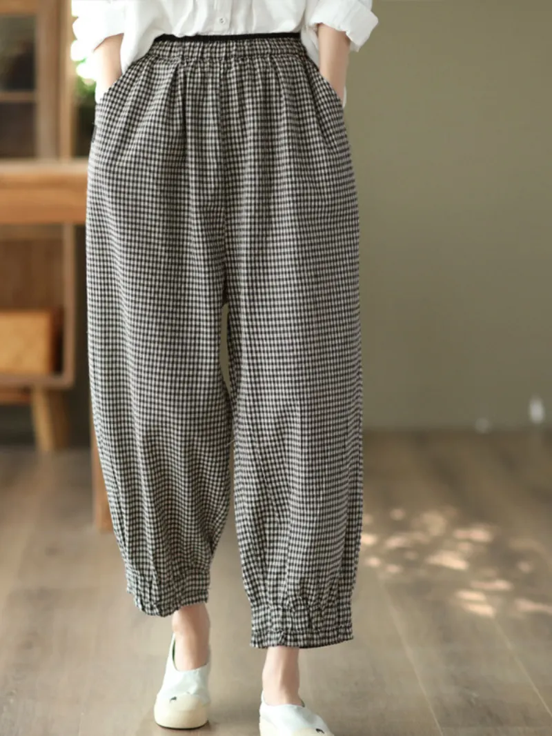 Elastic Waist Plaid Casual Harem Trousers Bottom Pants