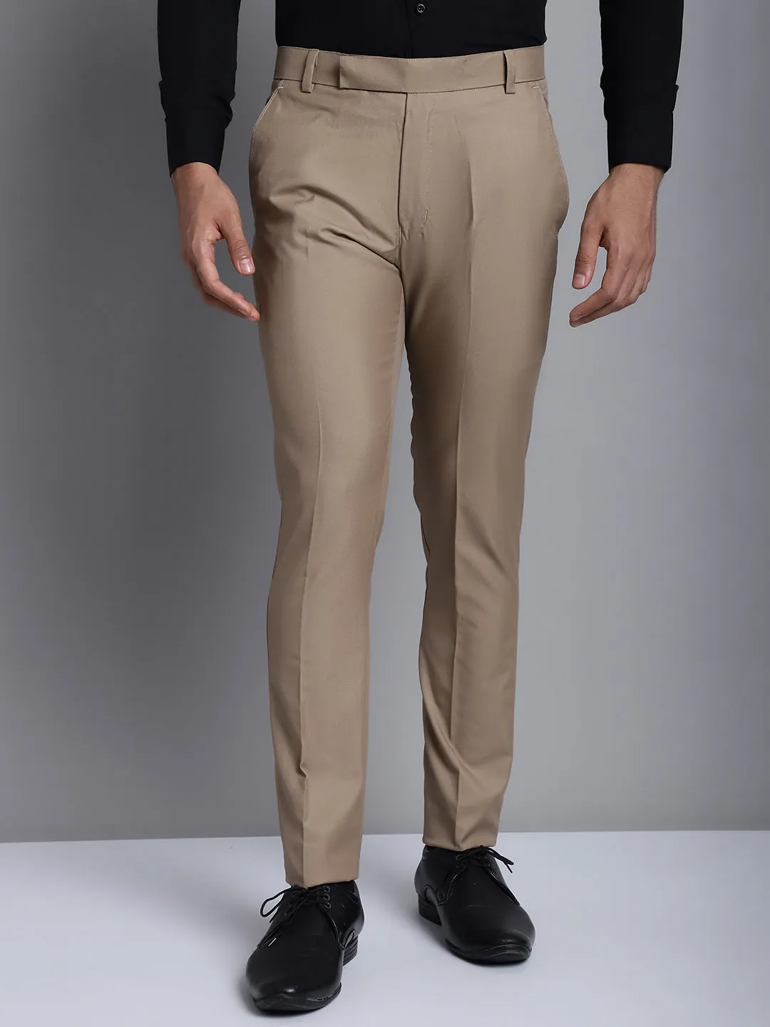 Jashvi Men's Beige Tapered Fit Formal Trousers