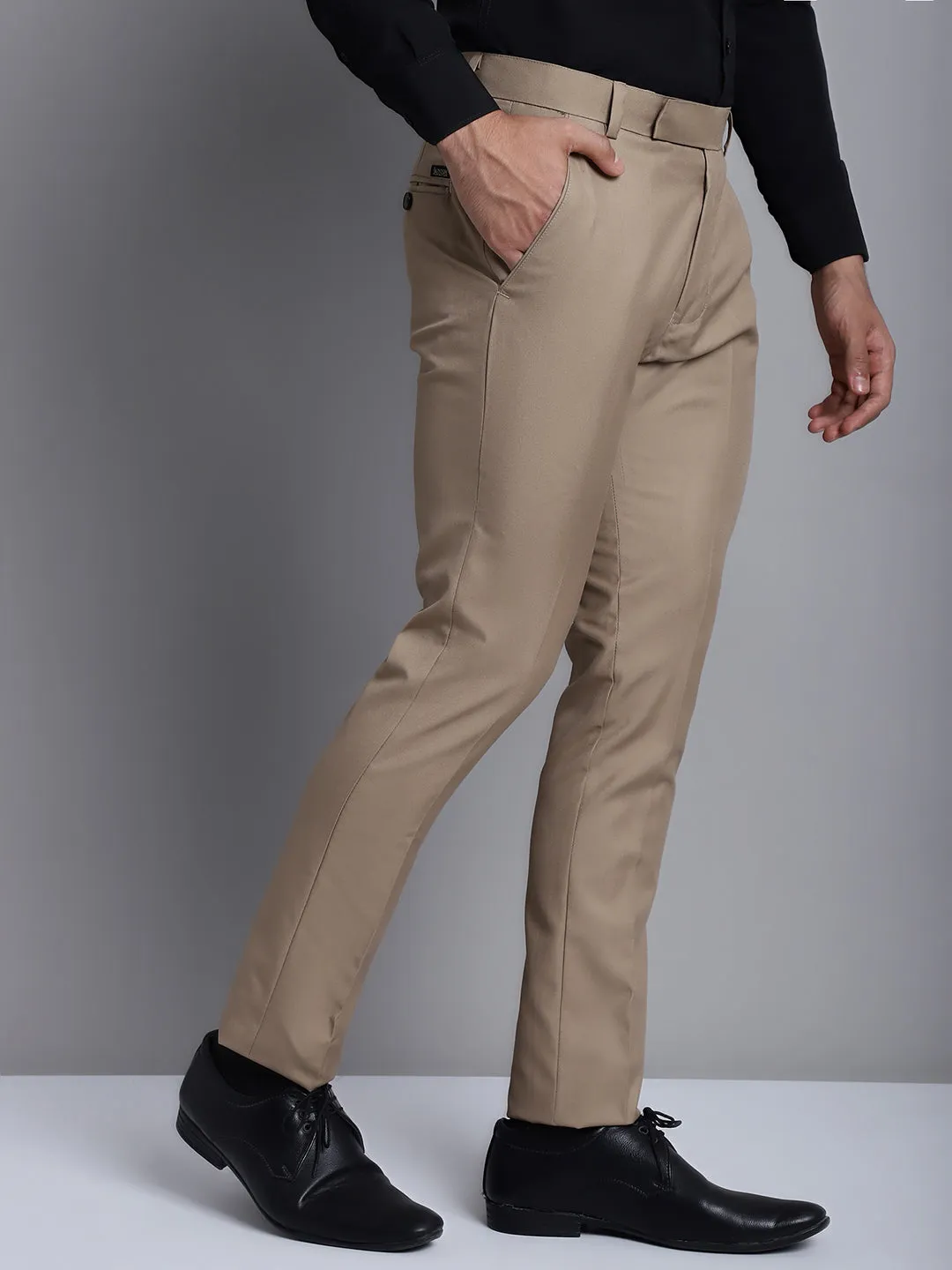 Jashvi Men's Beige Tapered Fit Formal Trousers