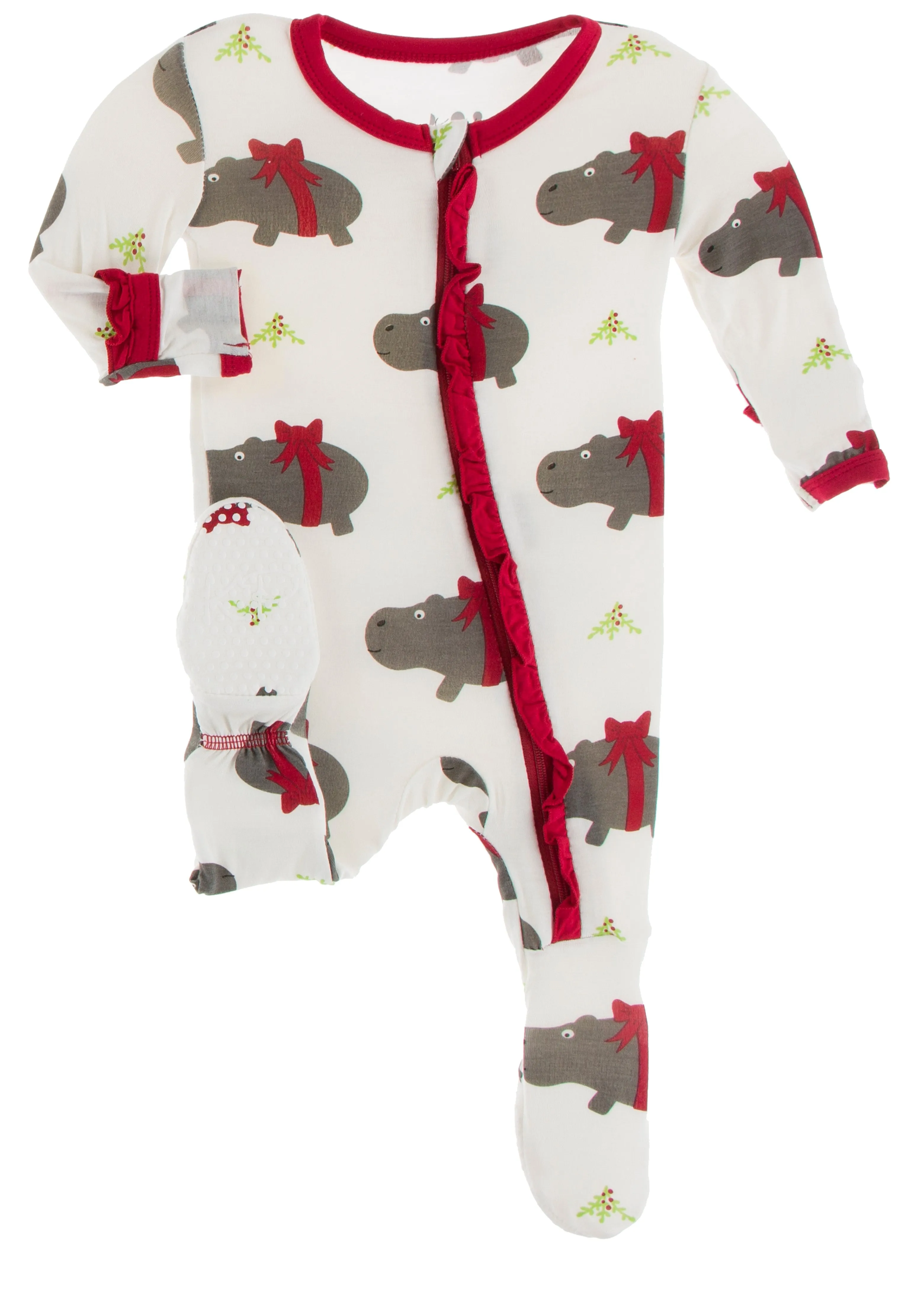 KicKee Pants Natural Christmas Hippo Classic Ruffle Footie with Zipper