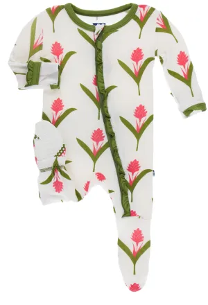 KicKee Pants Natural Red Ginger Flowers Classic Ruffle Footie with Zipper