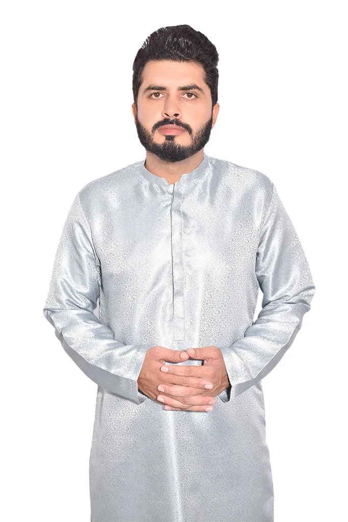 Men Premium Jamawar Kurta Silver Grey