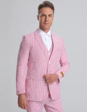 Mens Vested Summer Seersucker Suit in Red Pinstripe