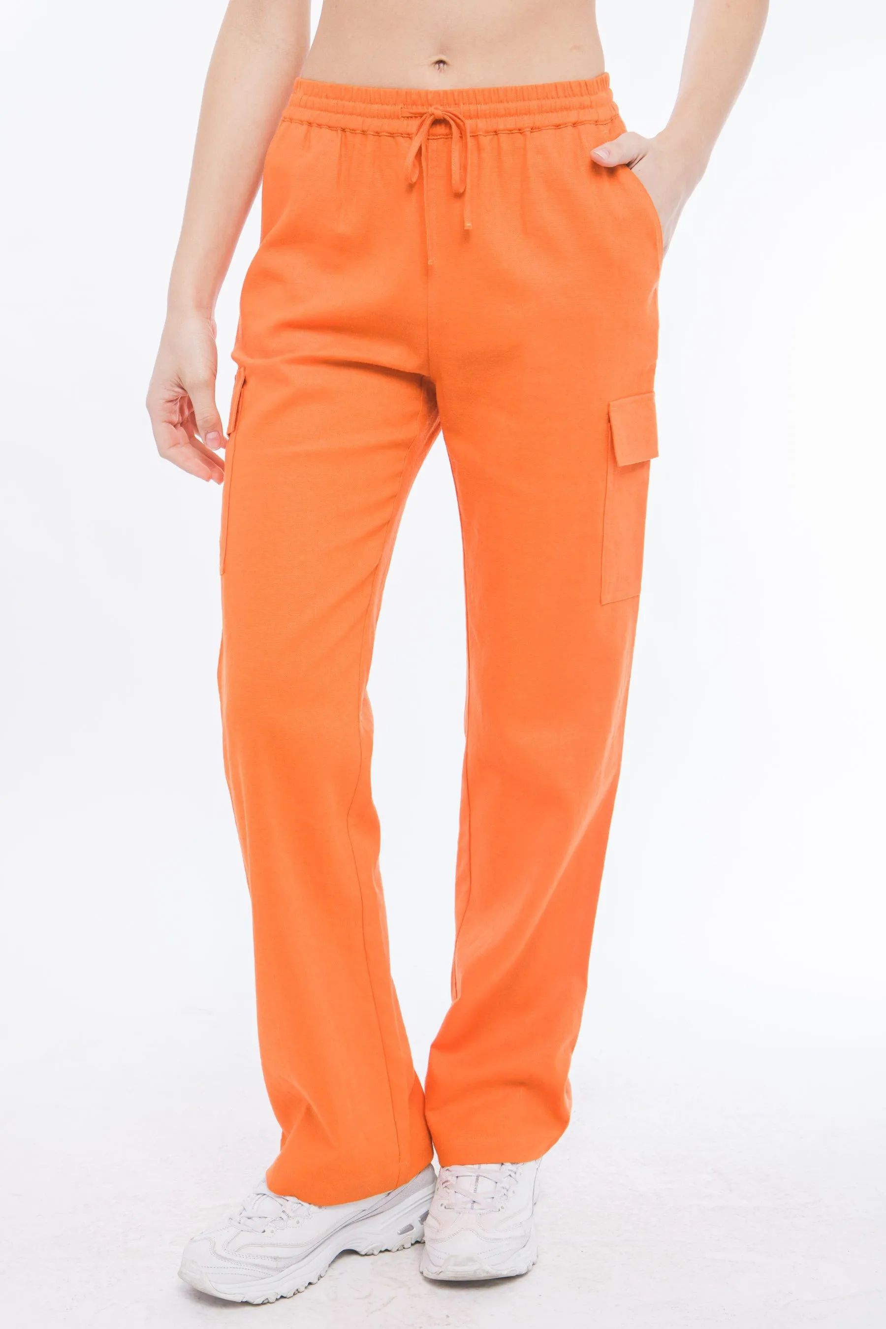 Orange Linen Straight Leg Cargo Pants