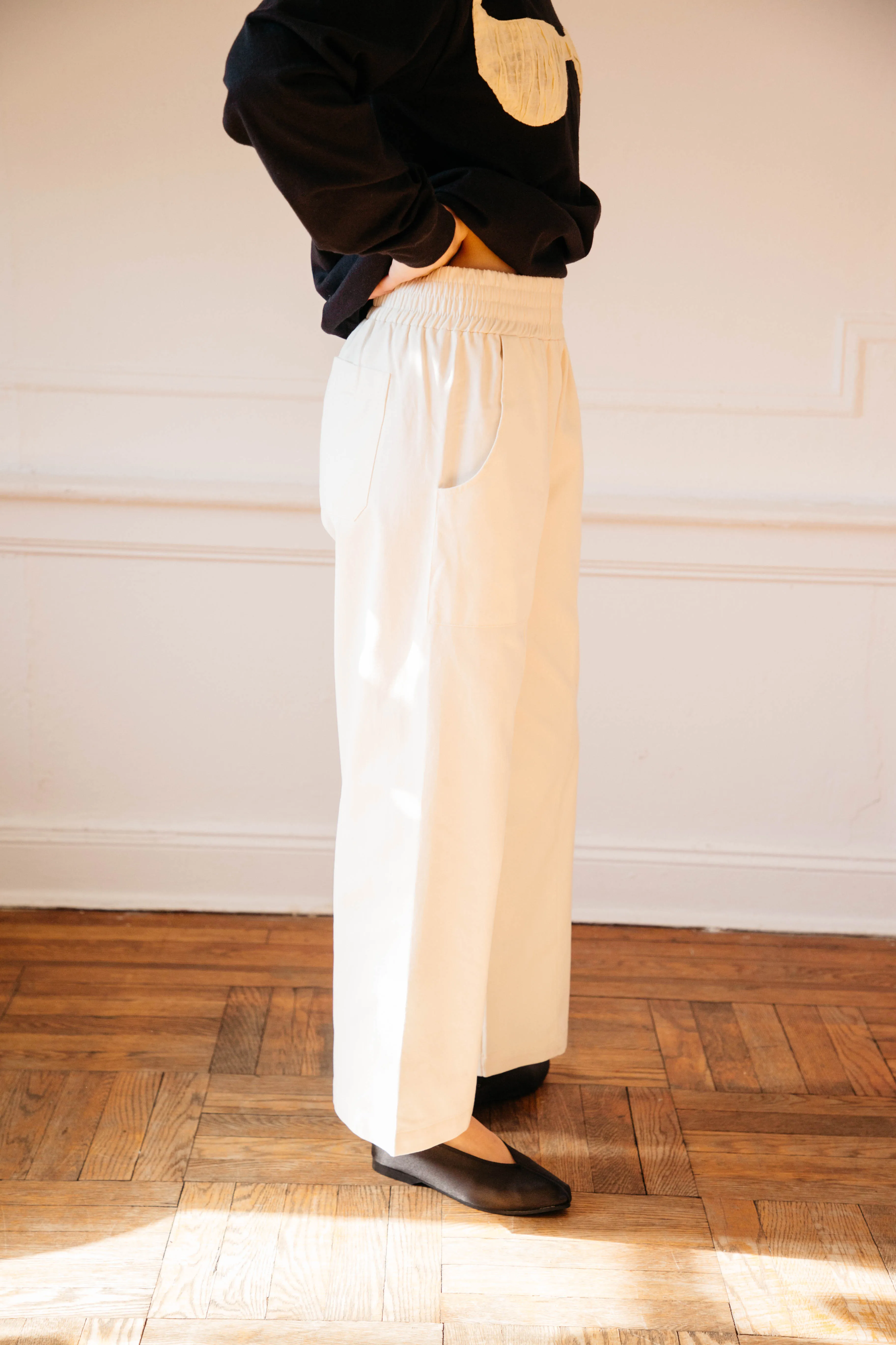 Patch Elastic Waist Pant - Cream Cotton