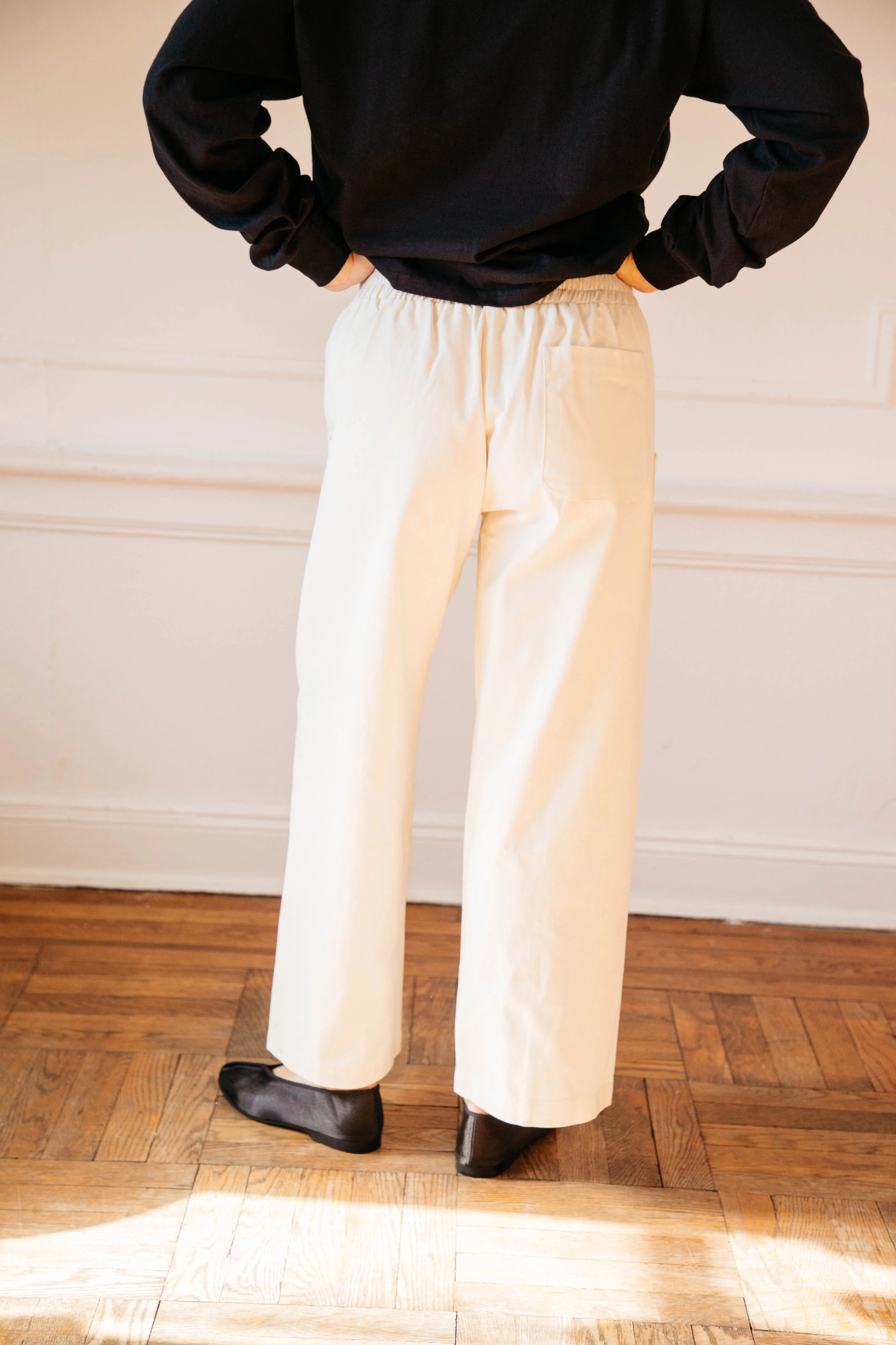 Patch Elastic Waist Pant - Cream Cotton