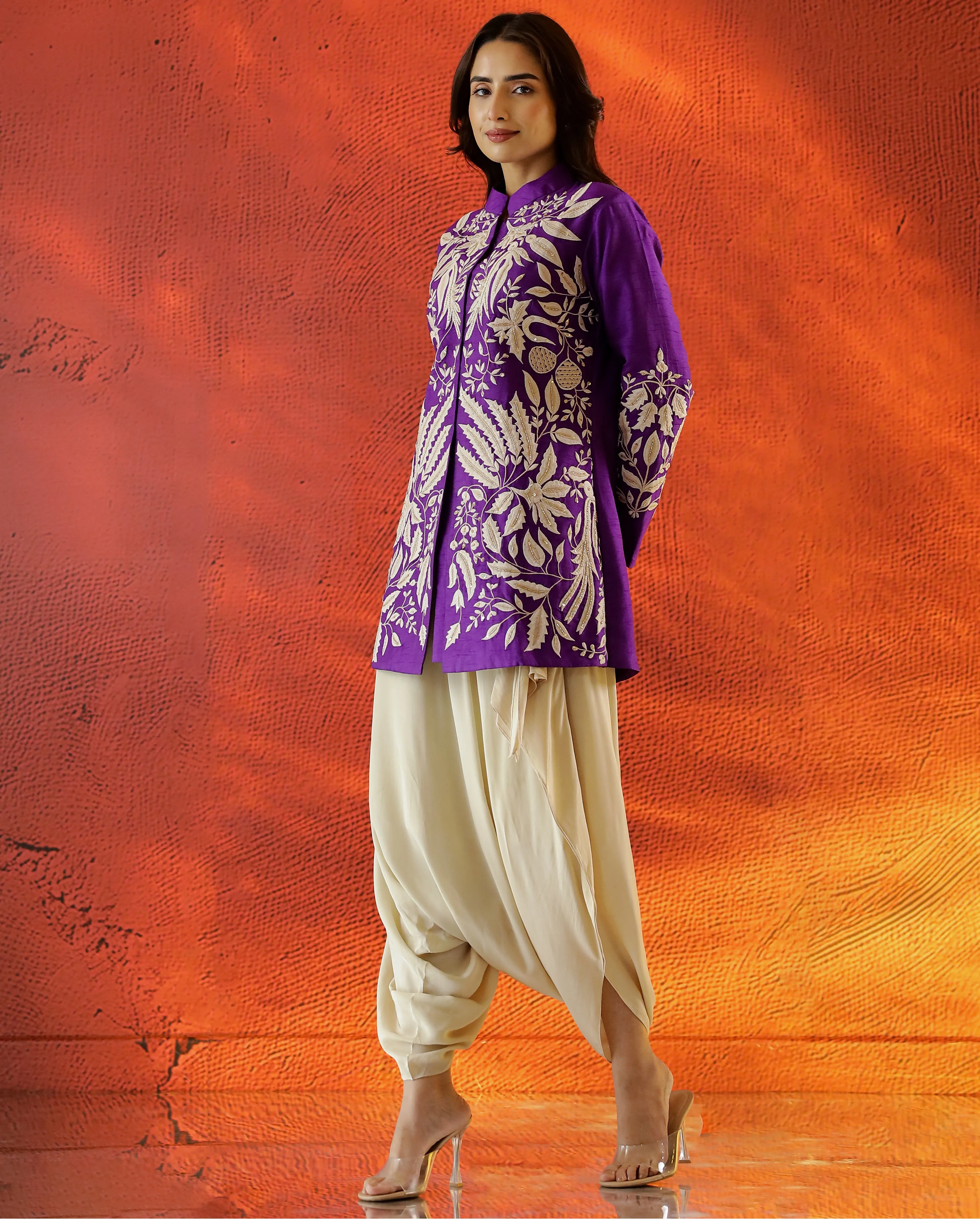 Purple Embroidered Jacket with Cowl Pants