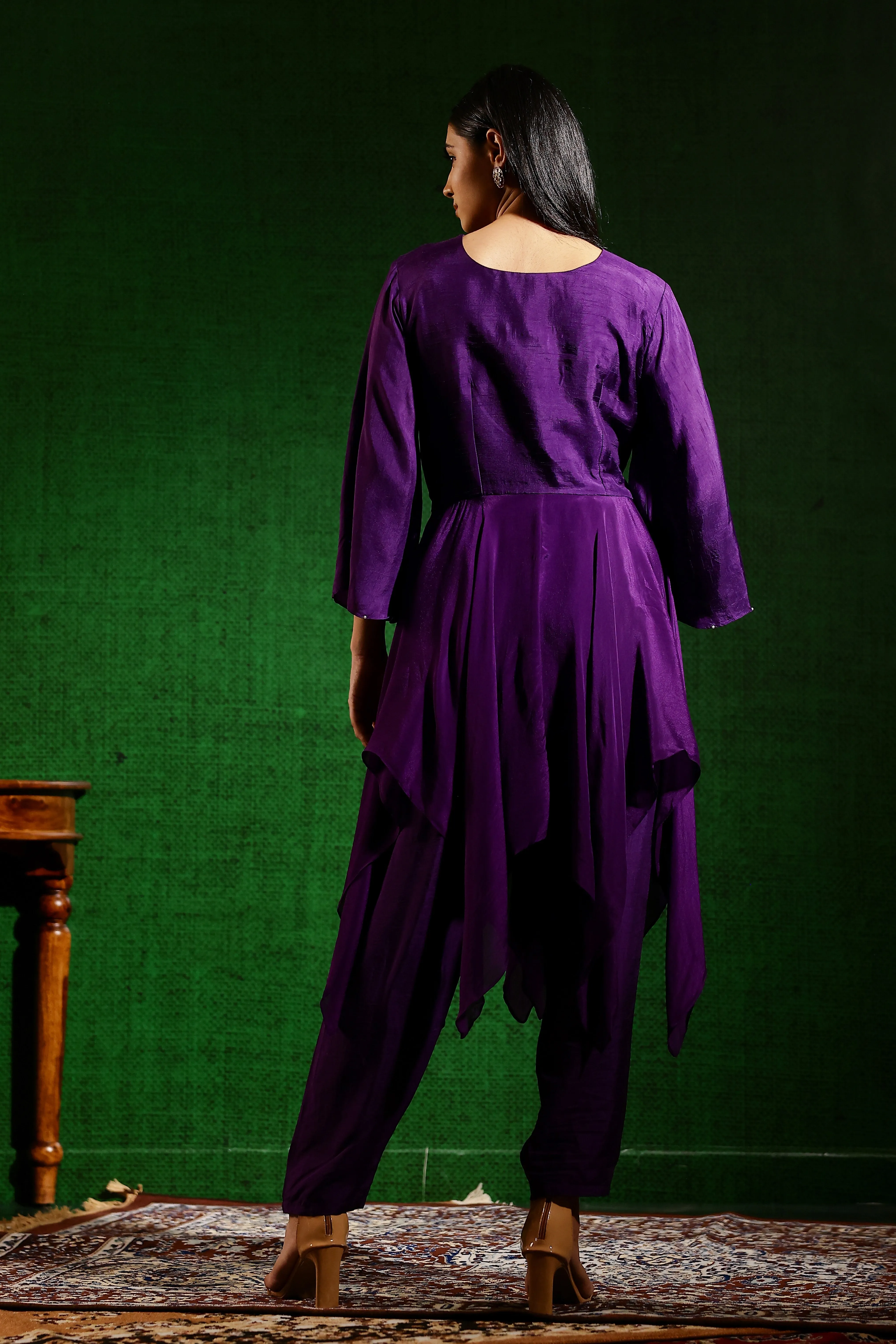 Purple Embroidered Raw Silk Pants Set