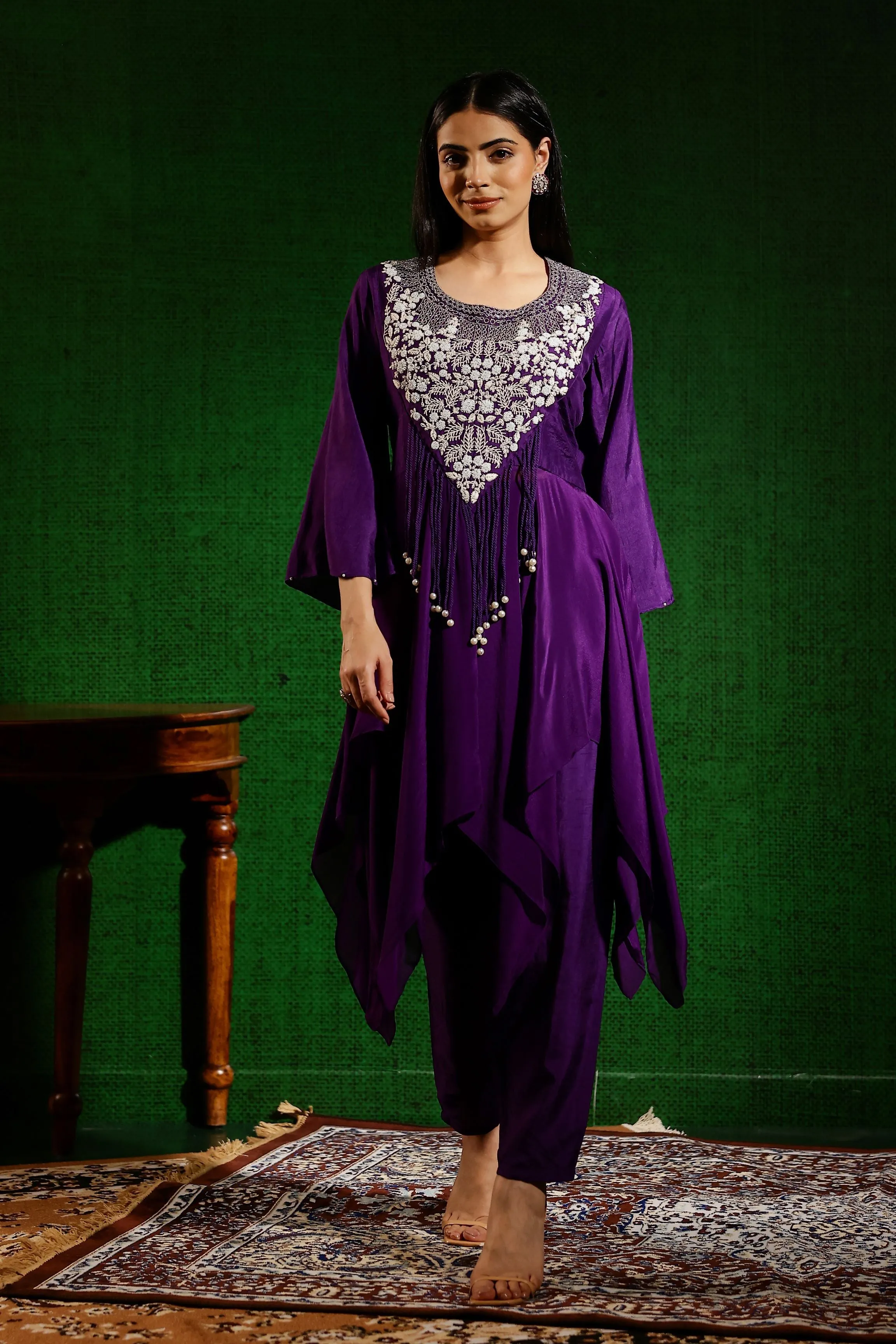 Purple Embroidered Raw Silk Pants Set