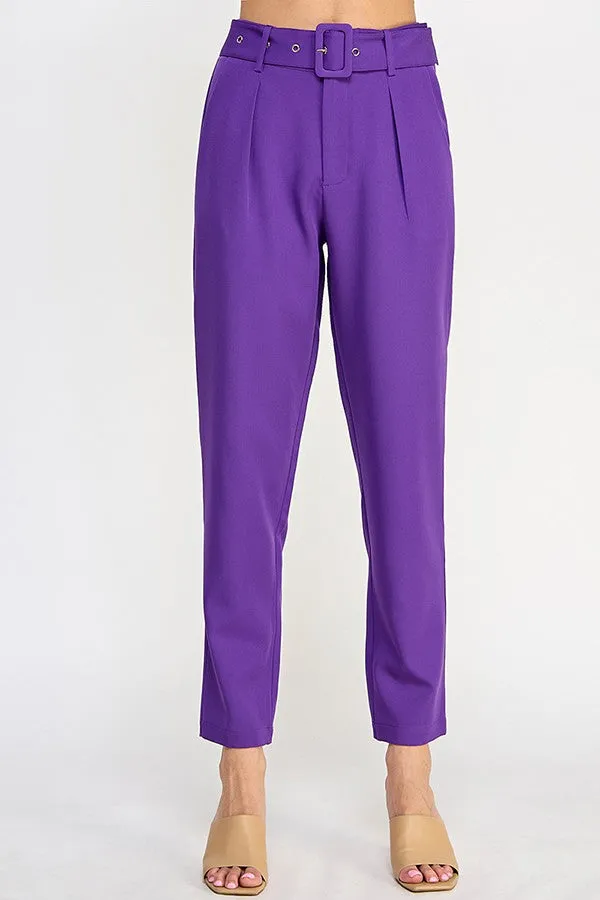 Purple High Waist Pants With Belt Detail