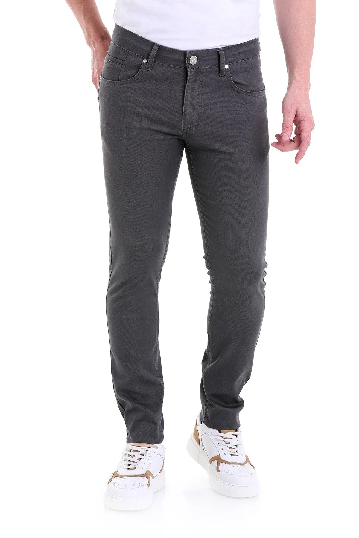 Slim Fit 5 Pocket Low Waist Unpleated Cotton Gray Casual Pants, Gray D.