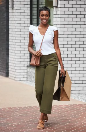 Spanx Stretch Twill Cropped wide Leg Pant | Darkened Olive, Bright White