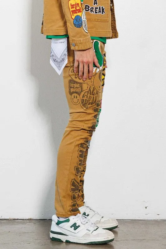 Wheat Spring Break Hand Drawing Slim Fit Pants