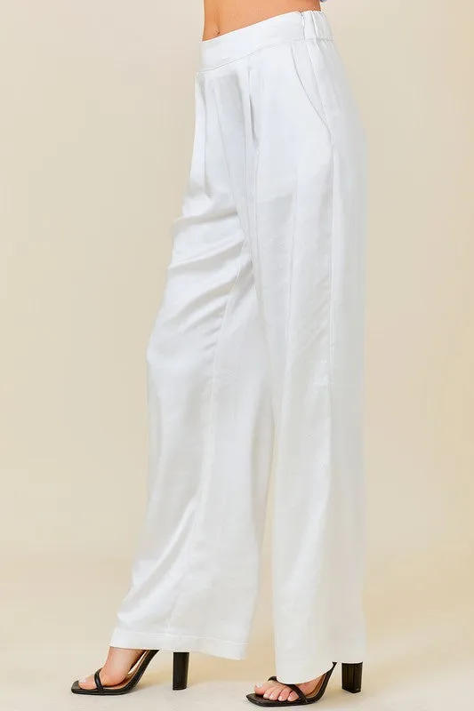 White High Waist Wide Leg Satin Pants