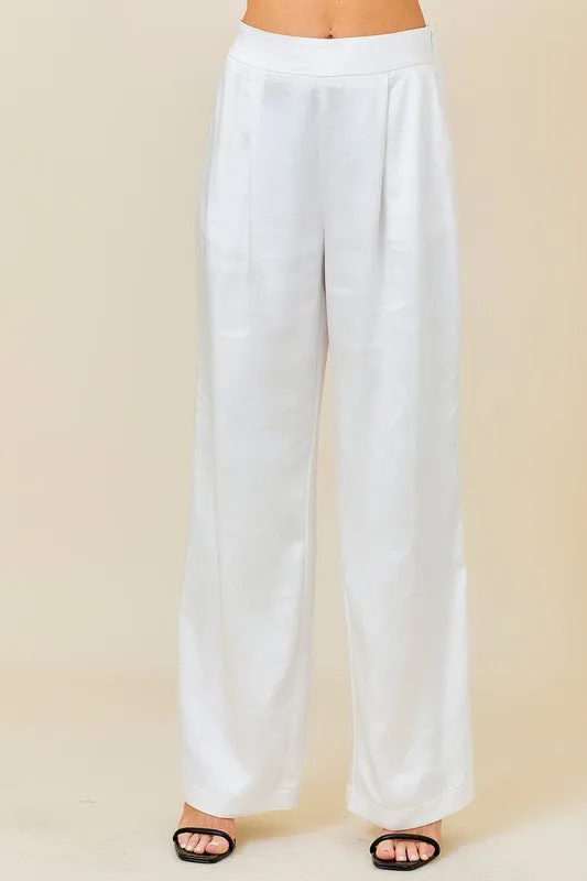 White High Waist Wide Leg Satin Pants