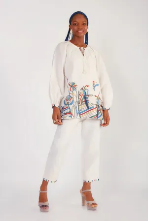 White Resham Thread Embroidered German Linen Co-Ord Set