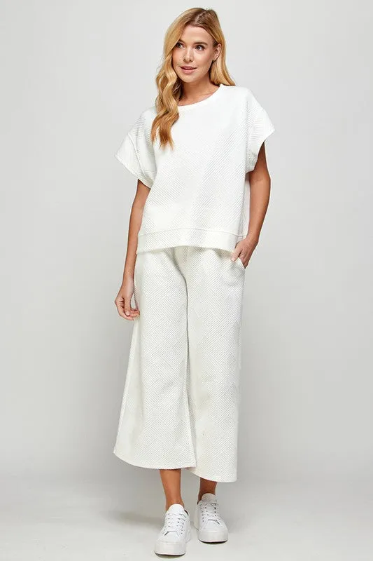 White Textured Cropped Wide Pants