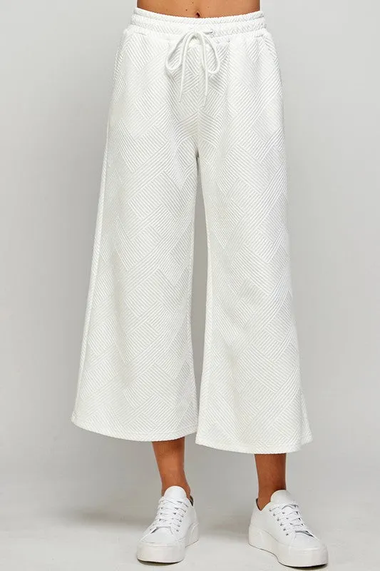 White Textured Cropped Wide Pants