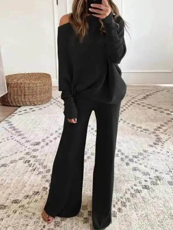 Women’s Solid Color Casual Solid Color Off Shoulder Knit Suit