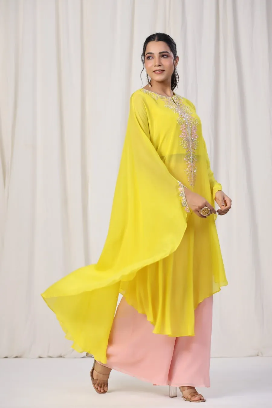 Yellow Moorish Georgette Embellished Tunic with Palazzo